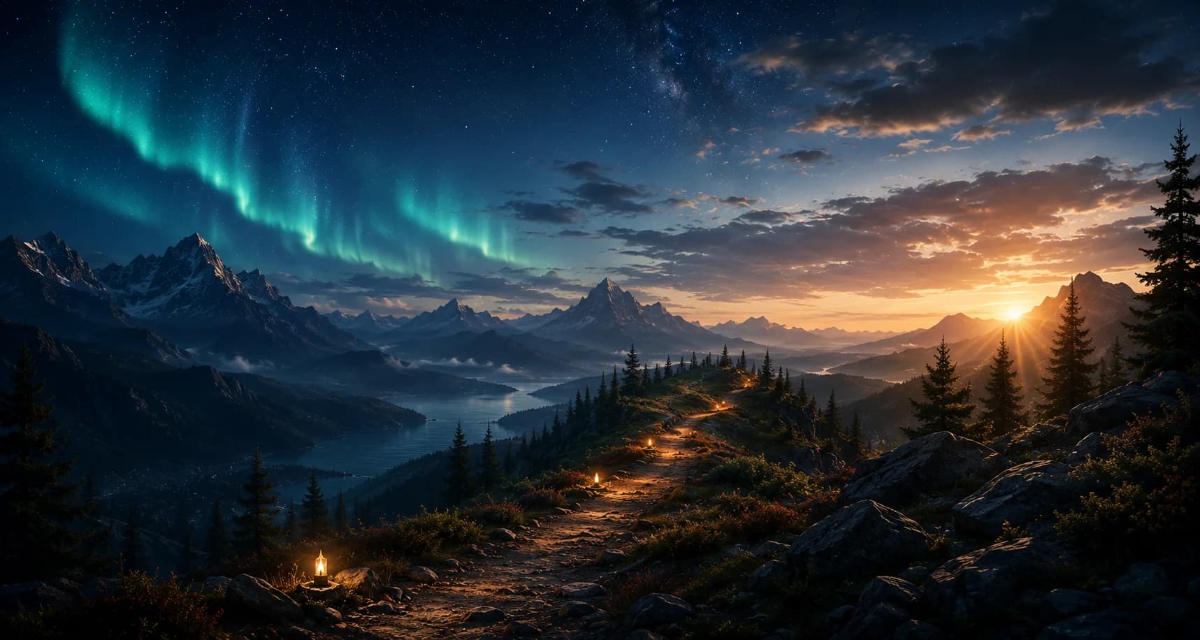 A mountain trail winding toward a sunrise under the northern lights.