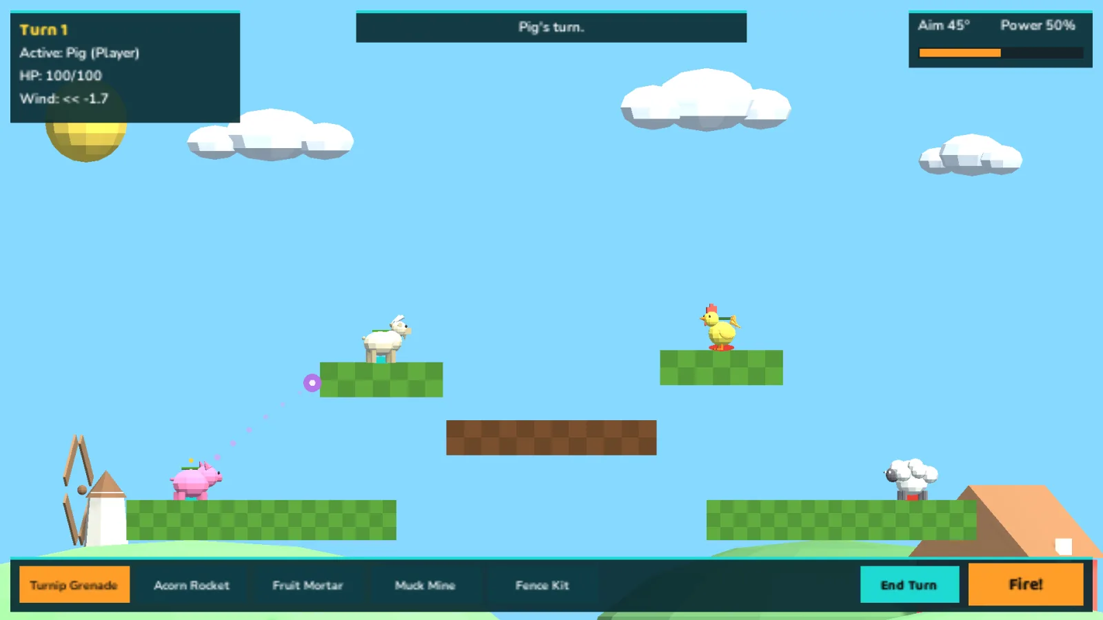 Animal Arsenal in-engine runtime capture showing animal teams, weapon controls, wind, and destructible platforms.