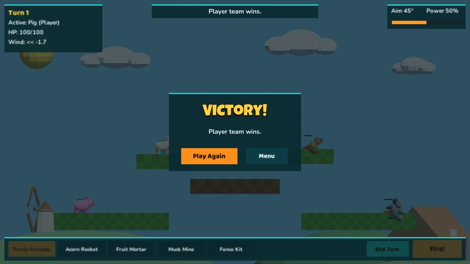 Animal Arsenal in-engine runtime capture showing the victory screen after a completed battle.