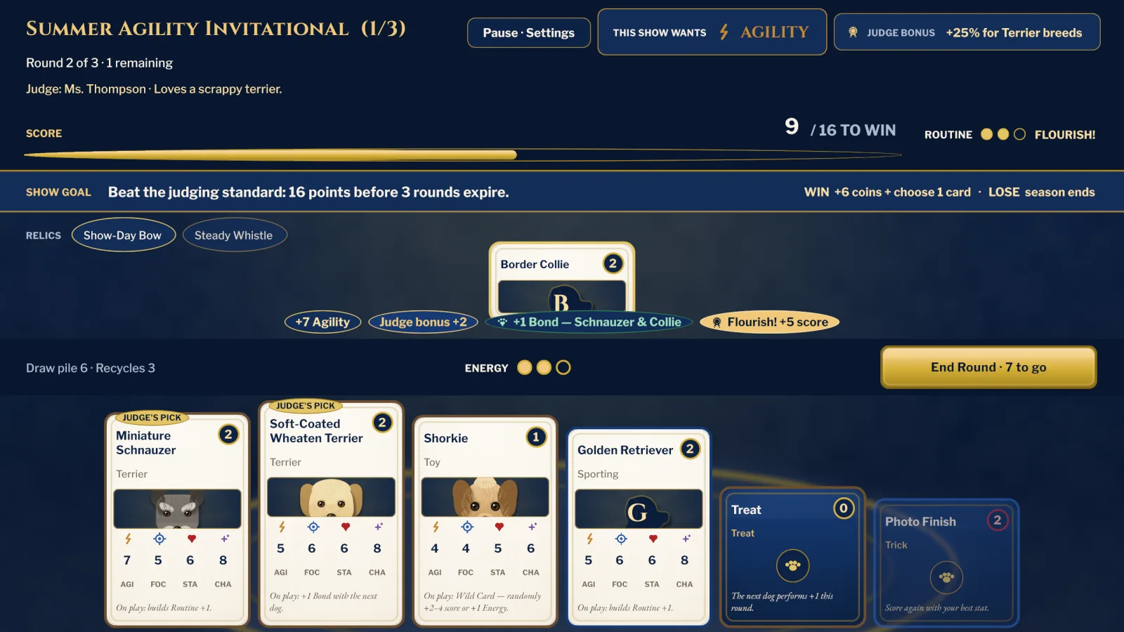 Best of Breed automated evidence frame showing a competition round with breed cards, judge bonuses, score, energy, and action cards.