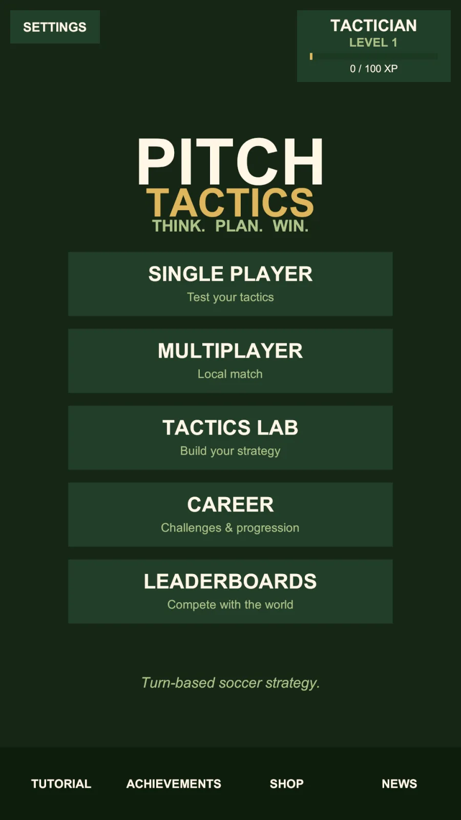 Pitch Tactics screenshot of the main menu with single player, multiplayer, tactics lab, career, and leaderboards.