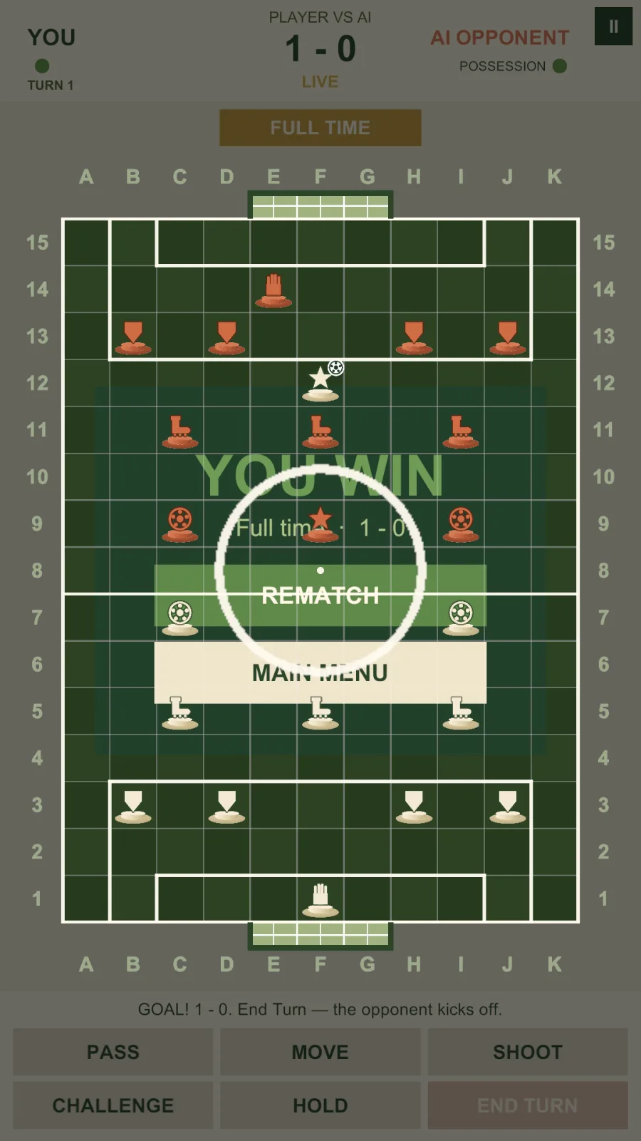 Pitch Tactics screenshot of a full-time win screen reading you win, 1 to 0, with rematch and menu.