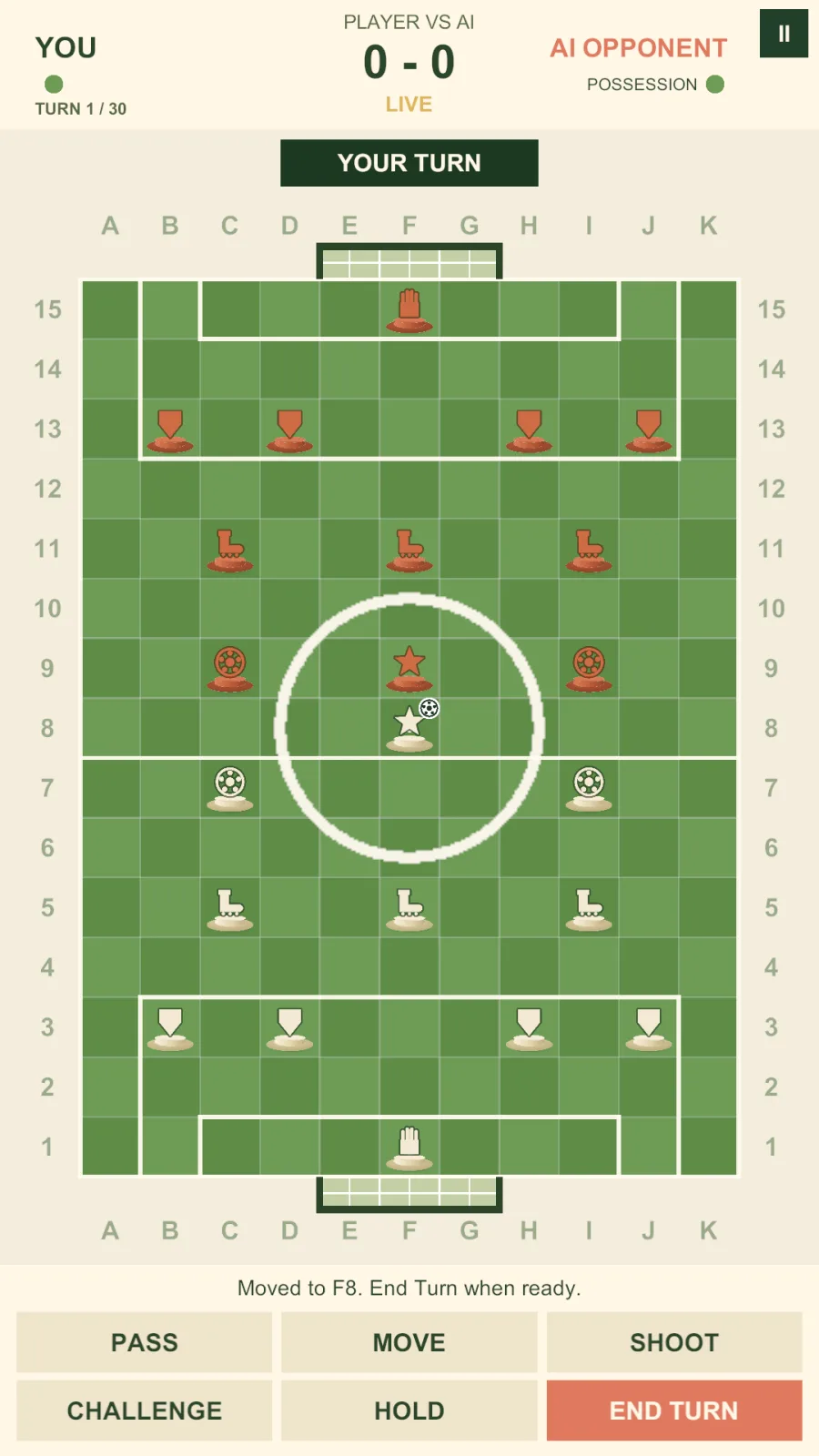 Pitch Tactics screenshot of a kickoff on the lettered tactical grid with pass, move, and shoot actions.