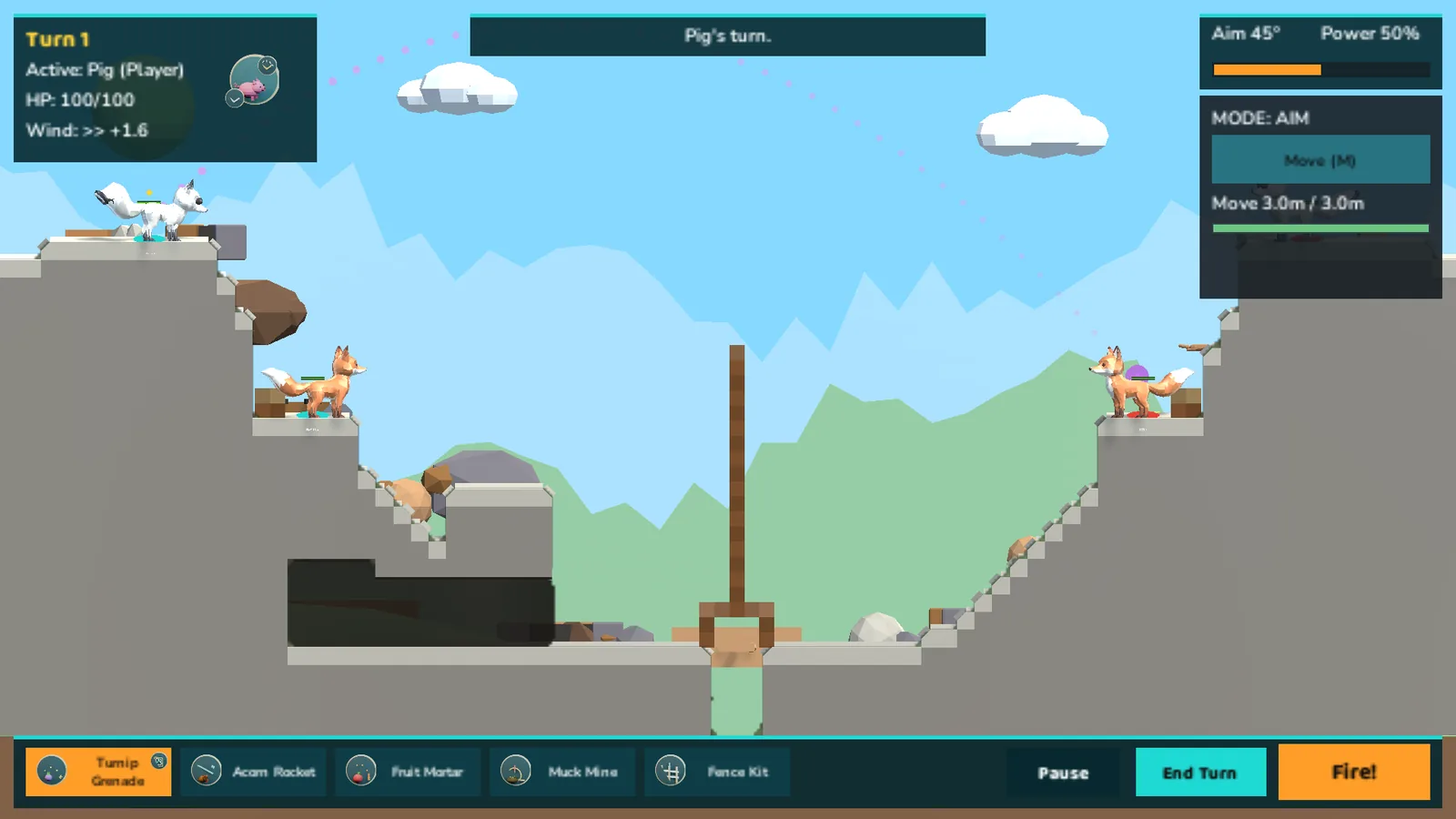 Animal Arsenal battle on the Burrow Gulch map with rocky ledges, a goat and a fox on the platforms, and the turn readout.