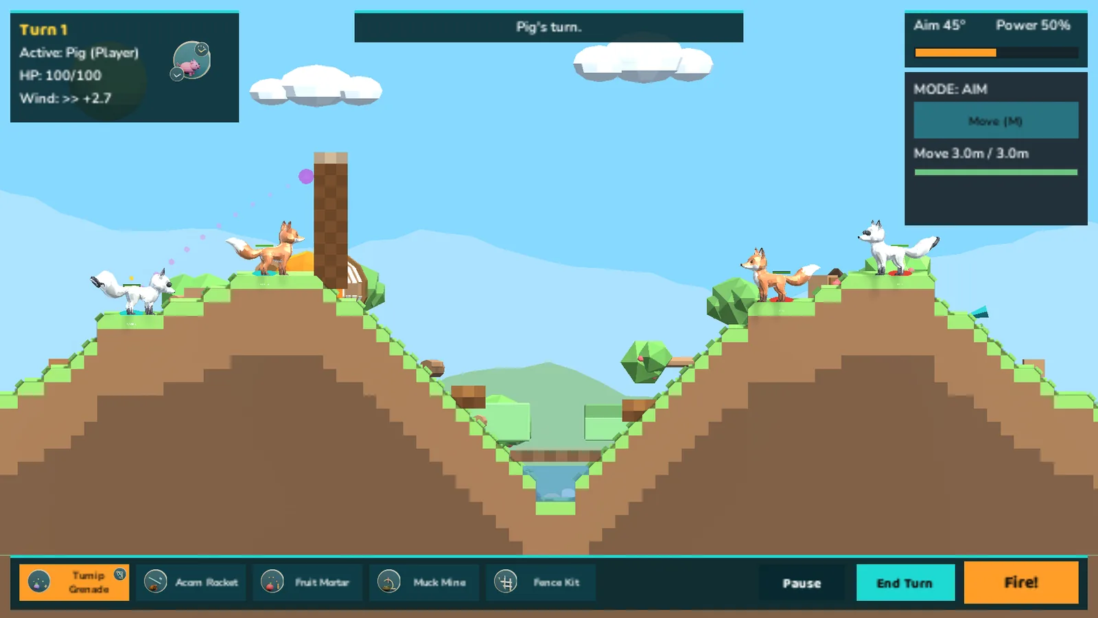 Animal Arsenal battle on the Orchard Divide map with a pig taking its turn, a fox and a wolf on the far hill, the aim and power readout, and the weapon bar.