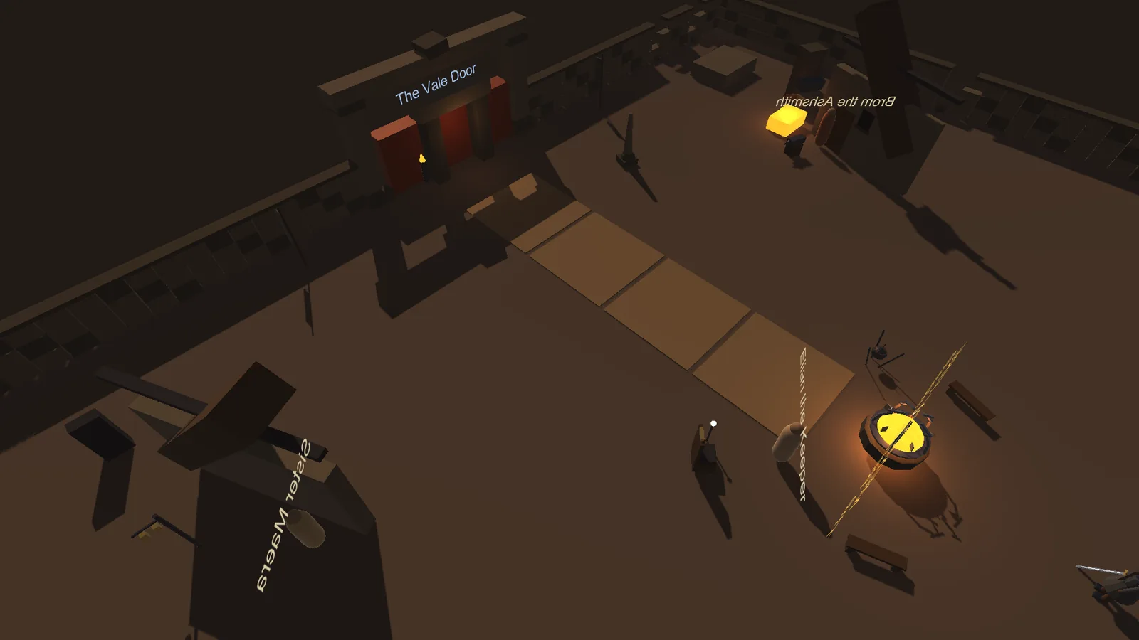 Dark Scrolls refuge at the Vale door lit by warm lantern light, with a memory fire and a sealed doorway.