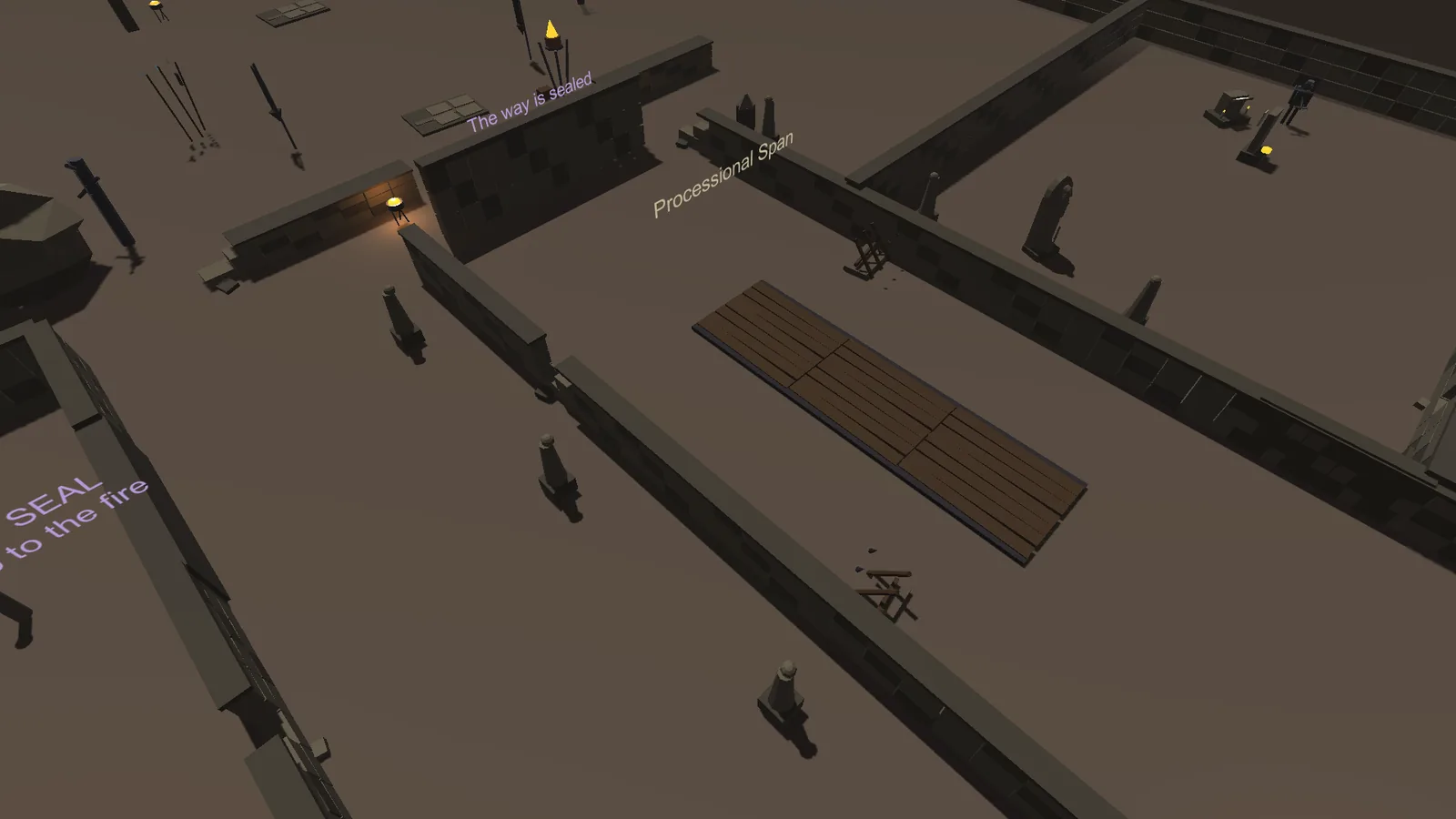 Dark Scrolls mid-road district in pale stone with torches, watchposts, a processional stair, and figures in the streets.
