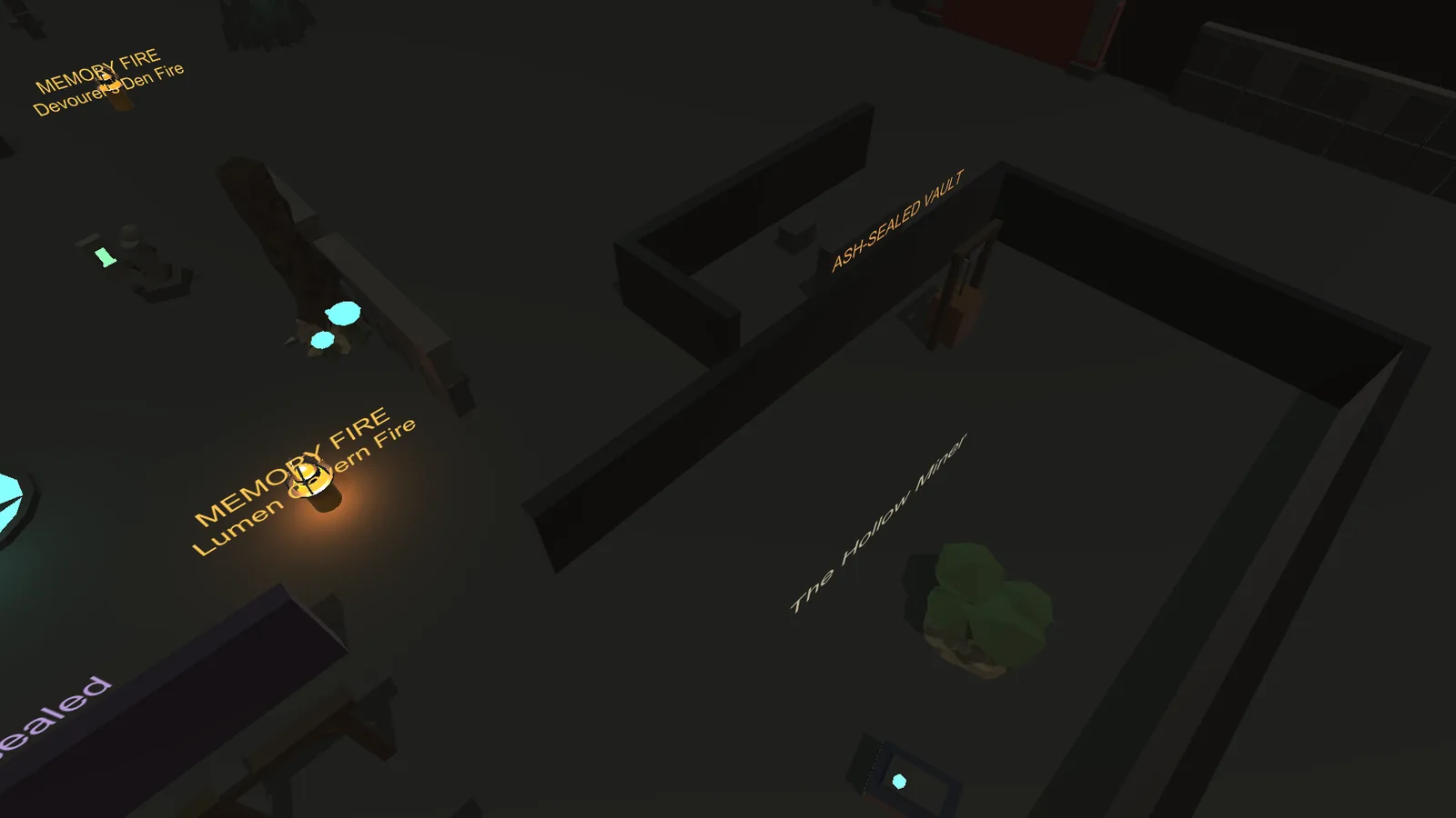 Dark Scrolls Rootbound doors in a dark green district with glowing cyan fungi and a memory fire near a sealed gate.