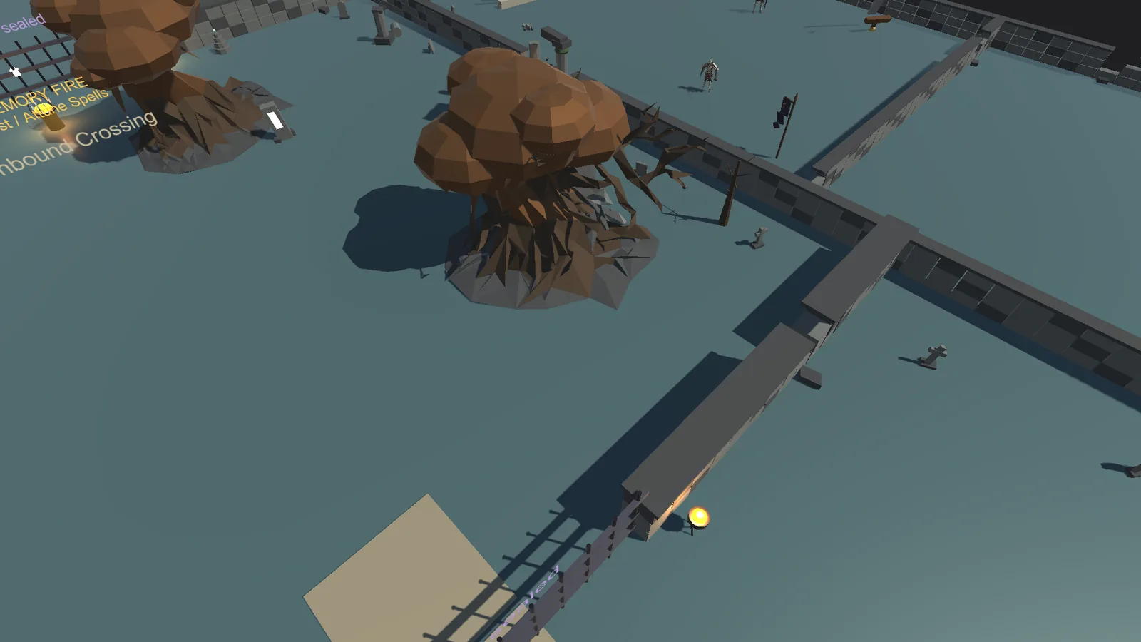 Dark Scrolls isometric view of the Vale with a gnarled tree landmark, lantern light, low walls, and a crossing signpost on blue-grey ground.