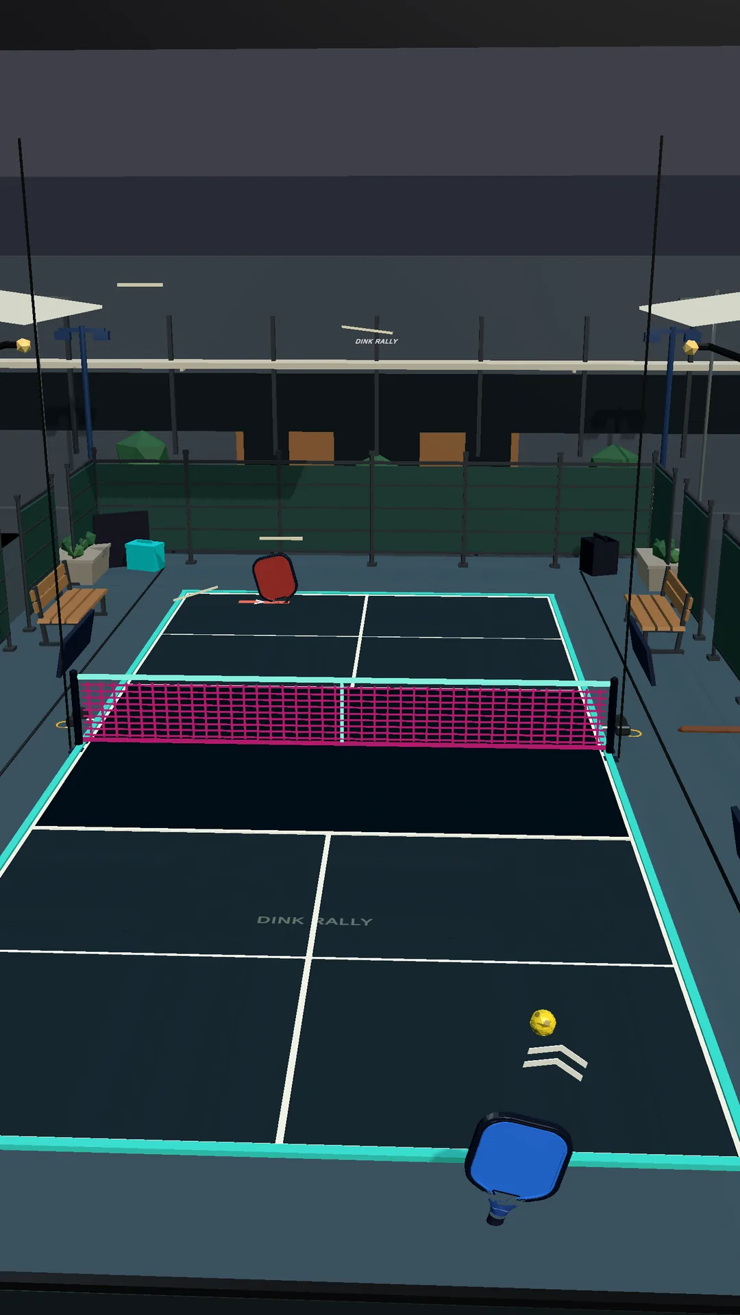 Dink Rally neon court with a dark surface, glowing pink net, and teal court lines.