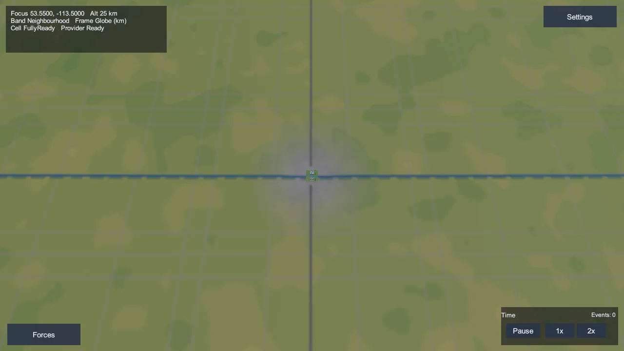 Disaster: Earth regional view descending toward a fictional river town, with the local cell loading at the centre of the map.
