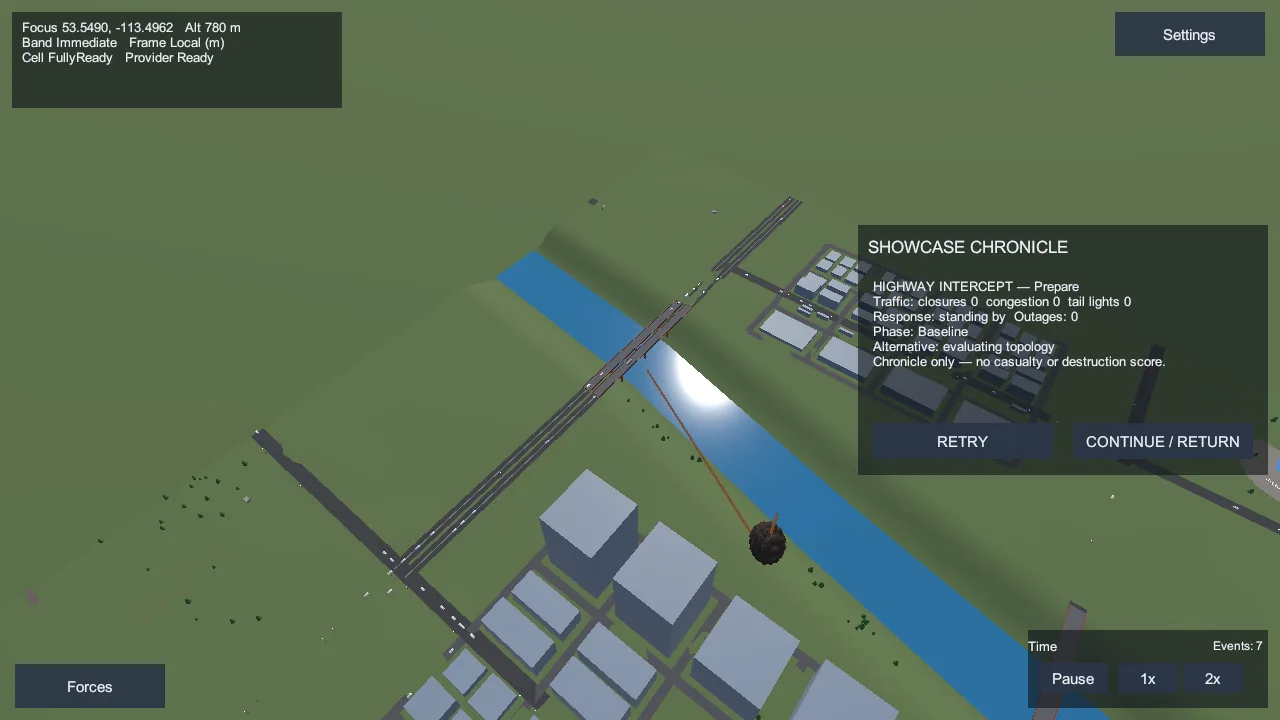 Disaster: Earth local view of a fictional river town with a highway bridge as a meteor approaches, alongside a chronicle panel that tracks traffic and response.