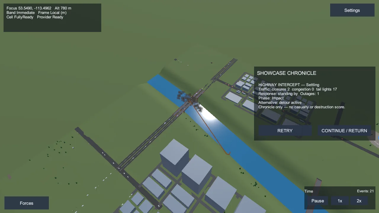 Disaster: Earth impact moment lighting up the river crossing, with the chronicle panel recording closures, congestion, and response.