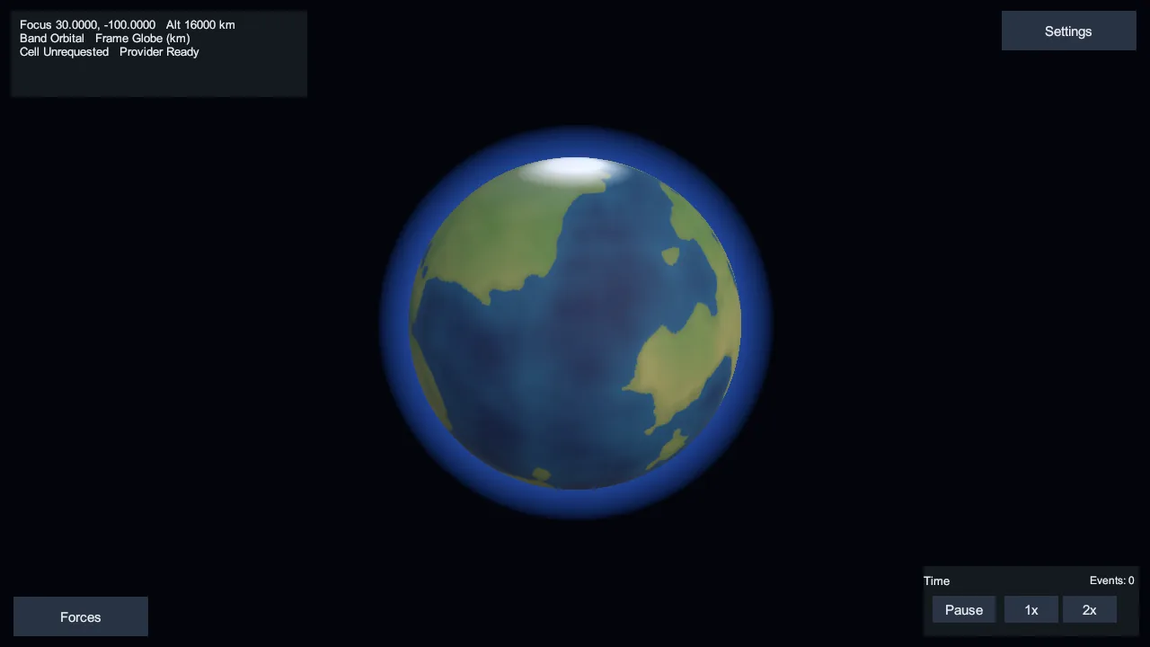 Disaster: Earth orbital view of a stylized planet against black space, with a small focus readout, a Forces control, and time controls.