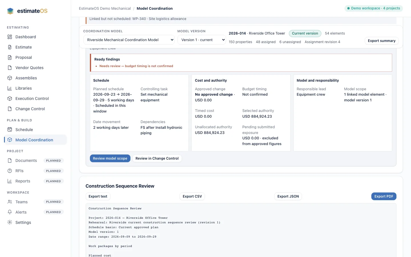 estimateOS lookahead schedule for a sample project listing work packages with planned dates, movement, approved changes, and timed cost.