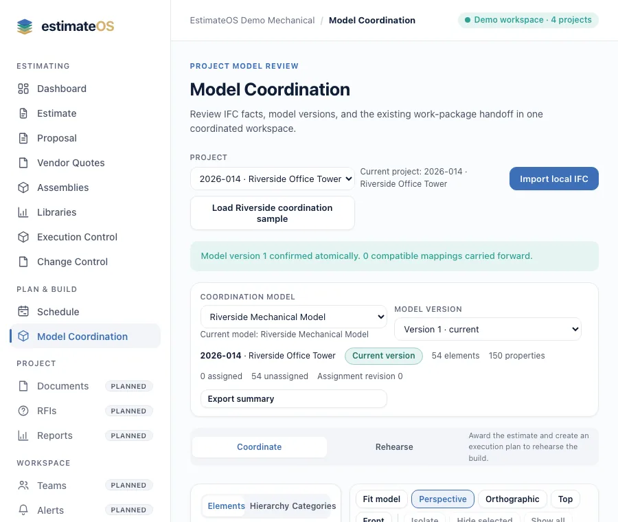estimateOS model coordination screen for a sample project with the coordination model, version, and an import local IFC button.