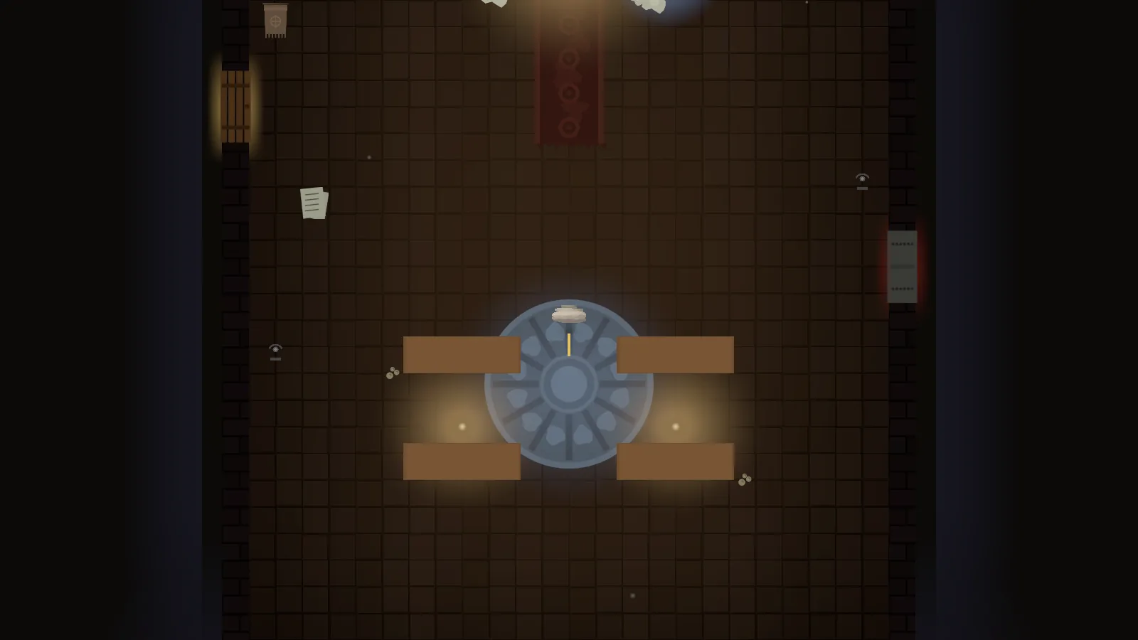Graveward chapel nave seen from above, with pews, candlelight, and a hunter standing in a circle of light.