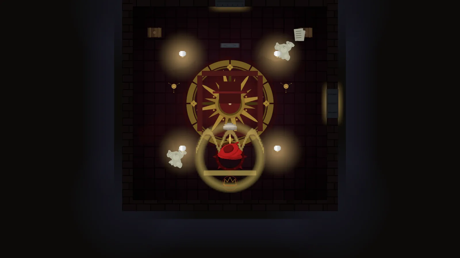 Graveward boss arena with a large red ritual sigil, gold rings, and an enraged vampire lit by candles.