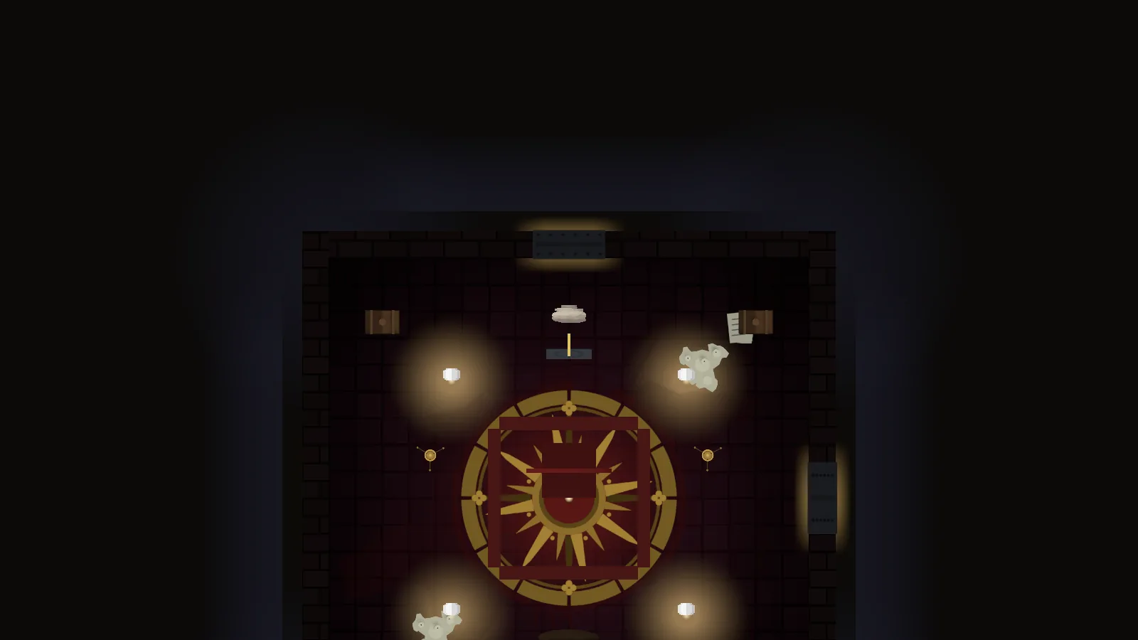 Graveward ritual chamber from above with a red and gold inlay, candles, and scattered remains.