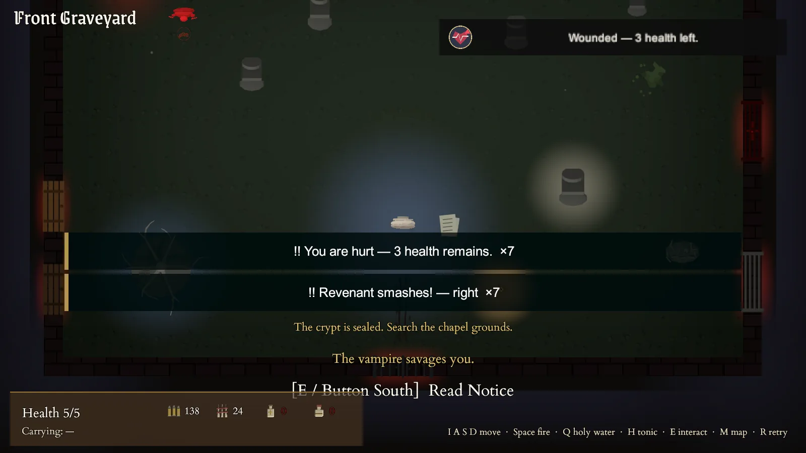 Graveward top-down view of the front graveyard at night with lantern light, a wounded status, an objective to search the chapel grounds, and the health and supplies bar.