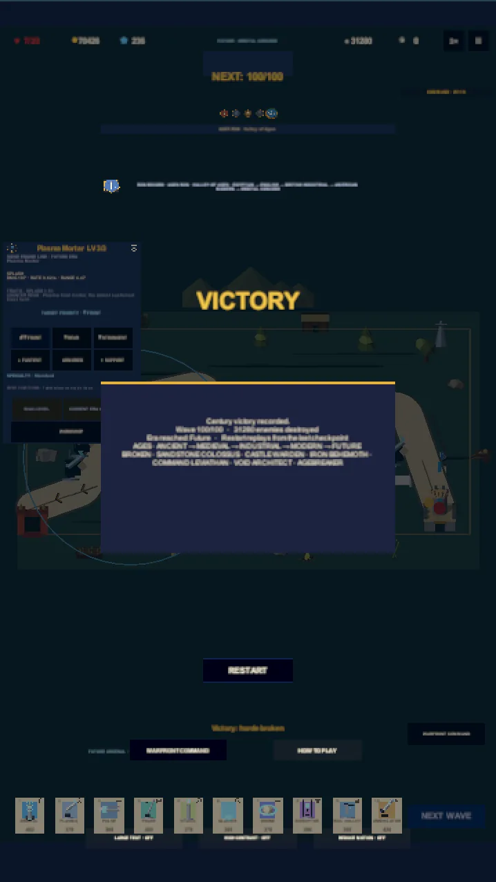 Horde of Ages victory screen recording a completed century run with the eras reached and a restart button.