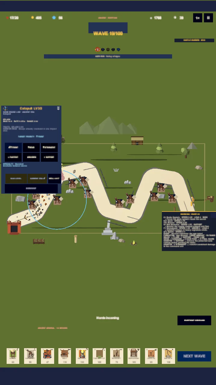 Horde of Ages battlefield in portrait with a dense enemy formation marching along a winding path past placed towers, with the tower panel, incoming formation notes, and the tower bar.