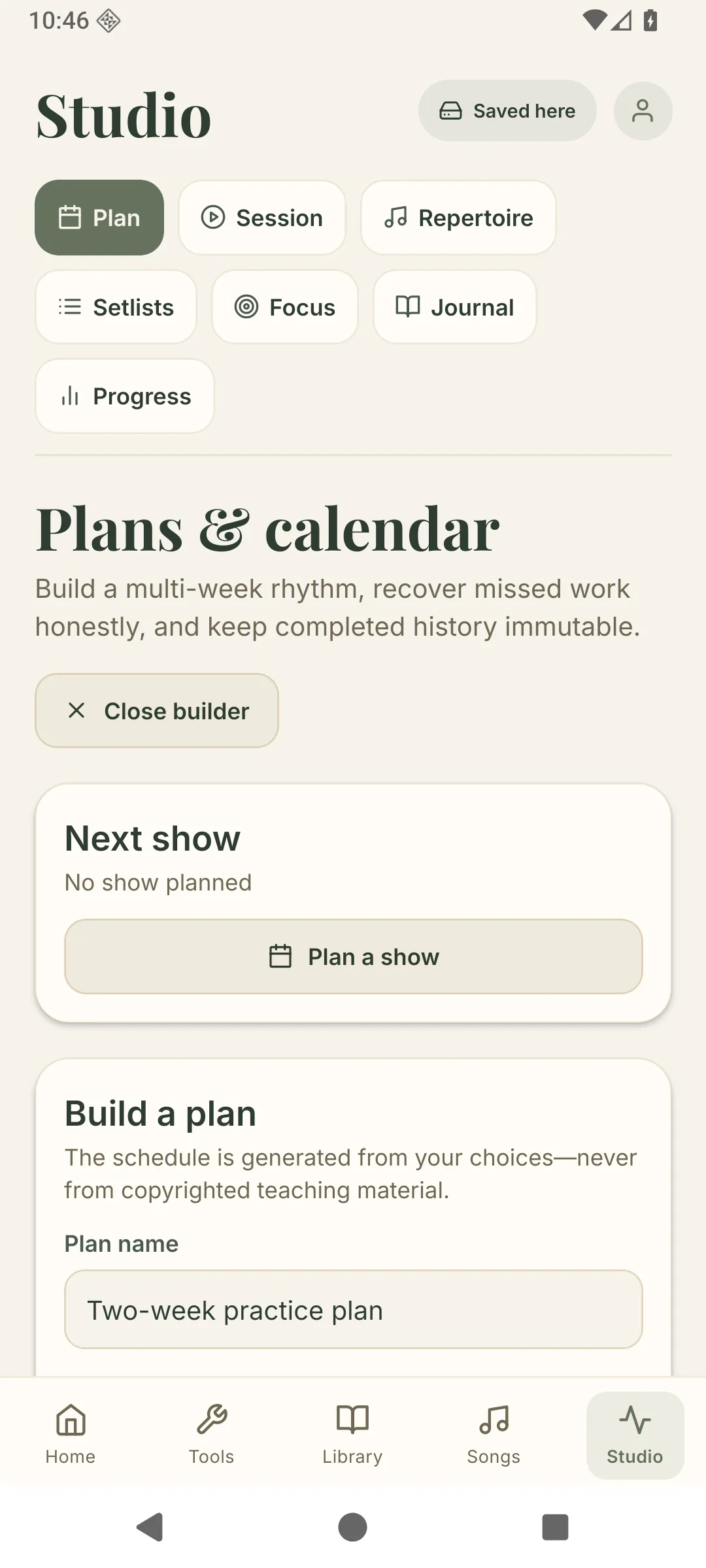 MusicSense Studio on Android showing the Plans and calendar view with a next show slot and a practice plan builder.