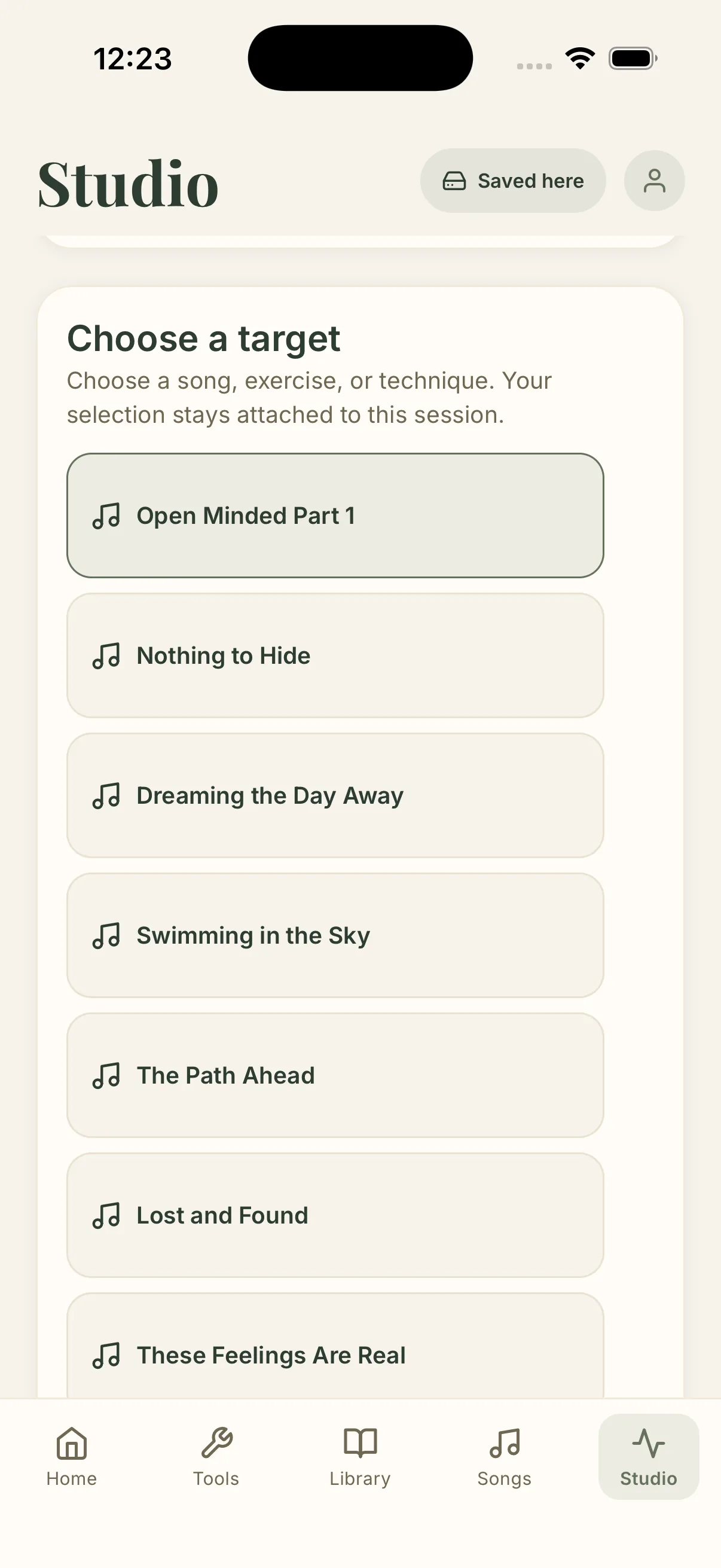MusicSense session workspace on iOS listing songs to choose as a practice target.
