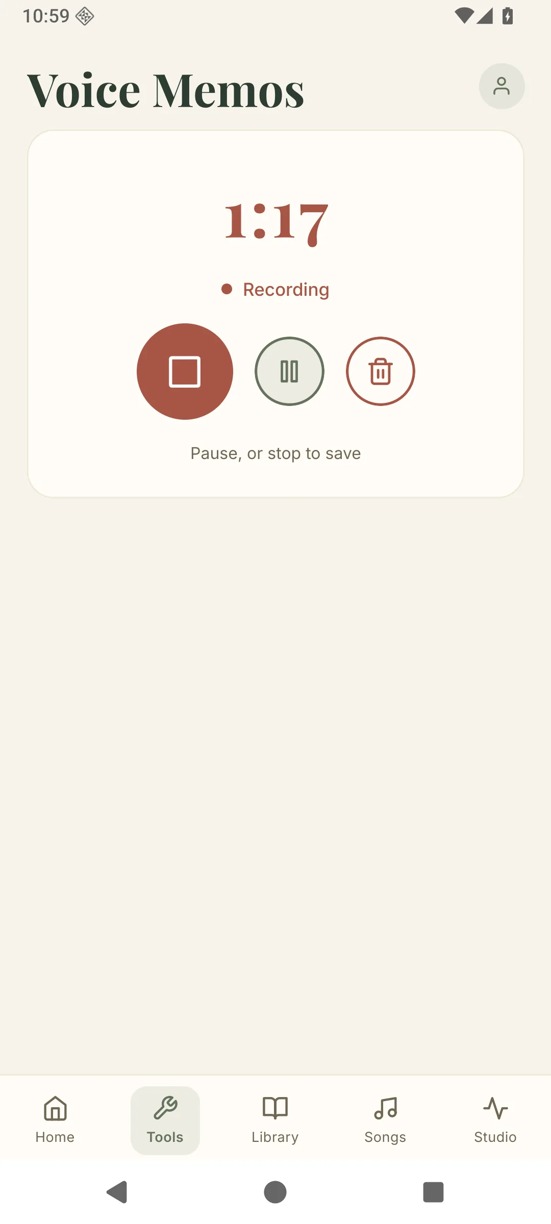 MusicSense voice memo recorder on Android with a running timer and pause and stop controls.