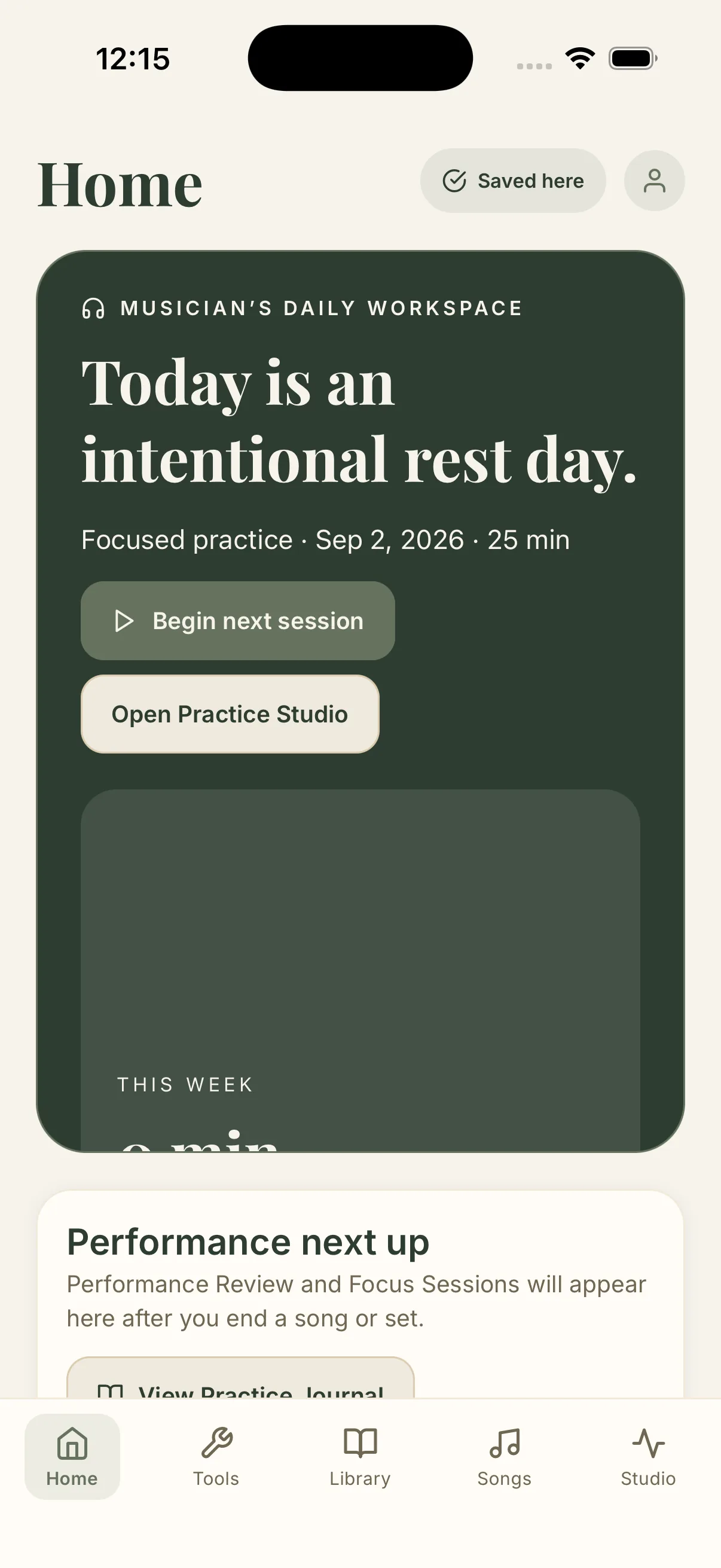 MusicSense home screen on iOS announcing an intentional rest day, with focused practice planned for the next session and a performance section below.