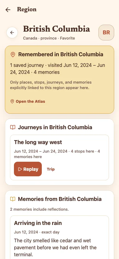 Pastport region page for British Columbia showing one remembered journey, the journeys and memories saved there, and a note about arriving in the rain.
