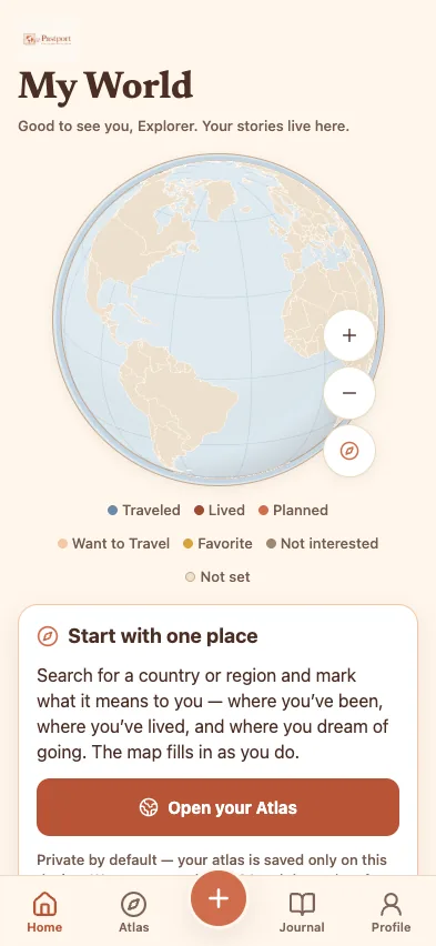 Pastport My World home screen with a globe, a status legend, and a prompt to start with one place.