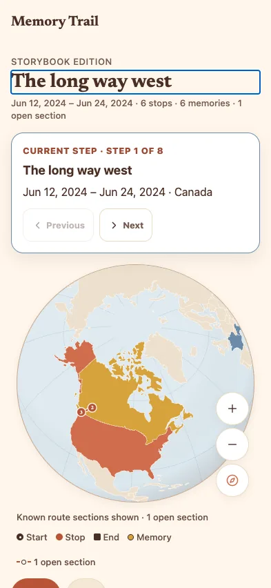 Pastport Memory Trail storybook edition for The long way west with a current step, a globe view, and known route sections.