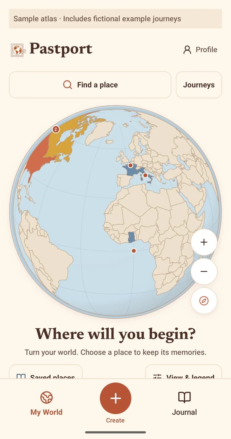 Pastport My World globe in a sample atlas, with visited countries in North America, France, Italy and Ghana marked, Find a place and Journeys buttons, and the prompt Where will you begin?