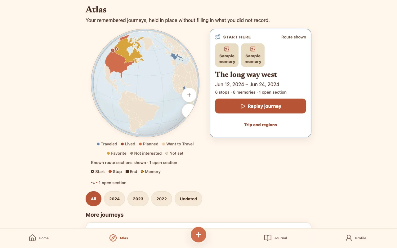 Pastport Atlas with a globe focused on North America, a status legend, and a journey card for a trip called The long way west with a replay button.