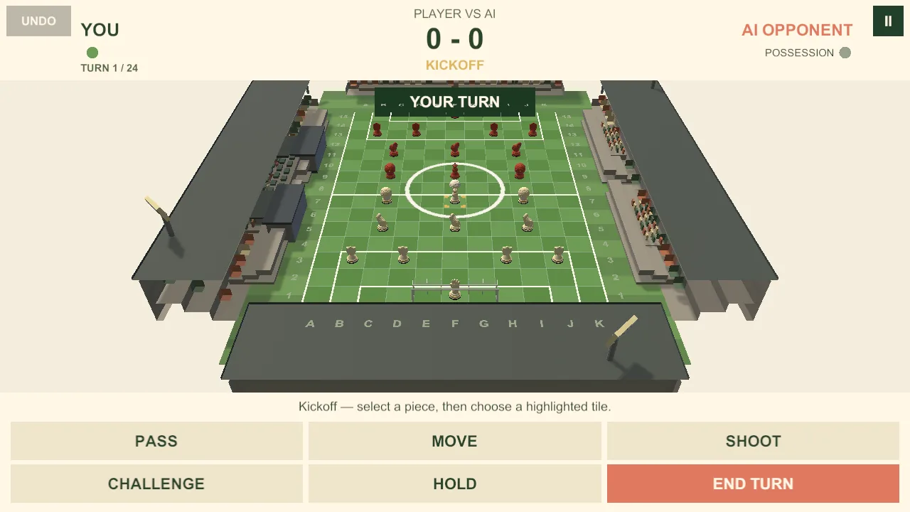 Pitch Tactics kickoff in landscape with the stadium stands in view and the eleven-piece teams lined up on the grid.