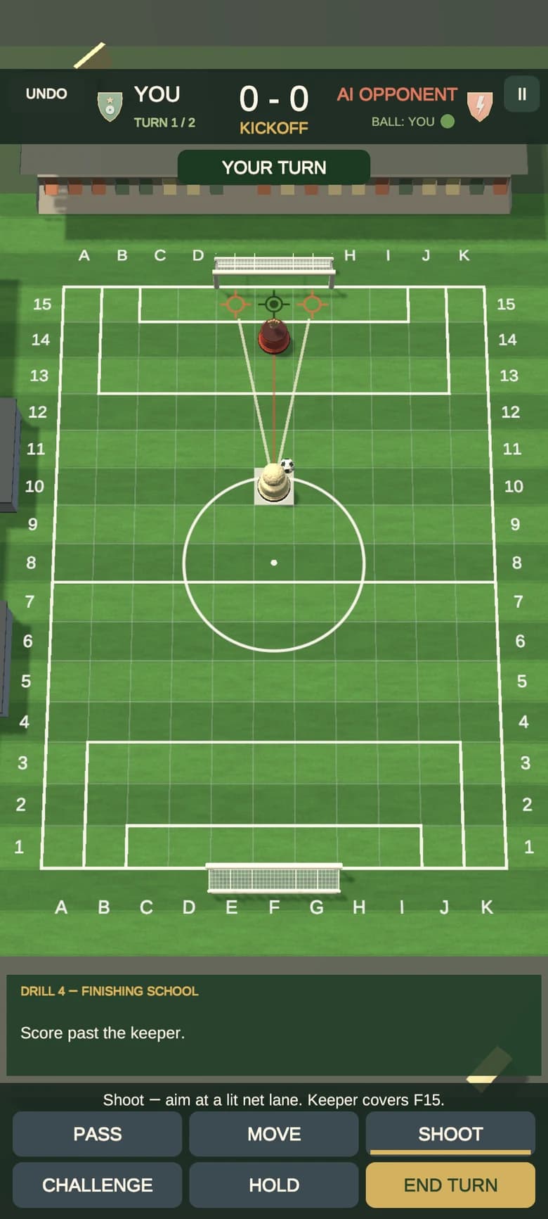 Pitch Tactics Tactics Lab drill 4, Finishing School: the striker aims at a lit lane in the net while the keeper covers F15, with Pass, Move, Shoot, Challenge, Hold and End Turn controls.