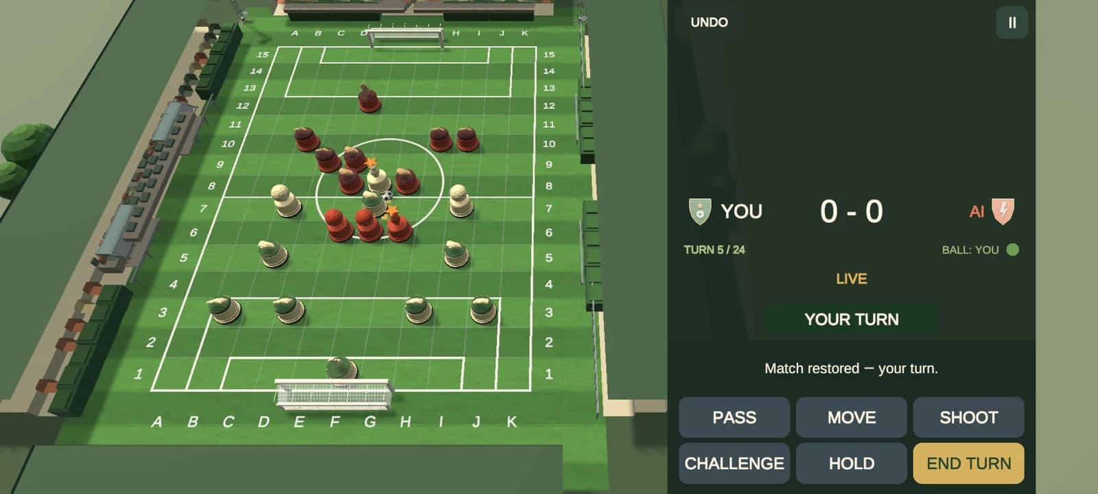 Pitch Tactics in landscape: the full pitch with both teams' pieces on the grid, stands and floodlight masts along the side, and a side panel with the score, turn 5 of 24 and the six action buttons.