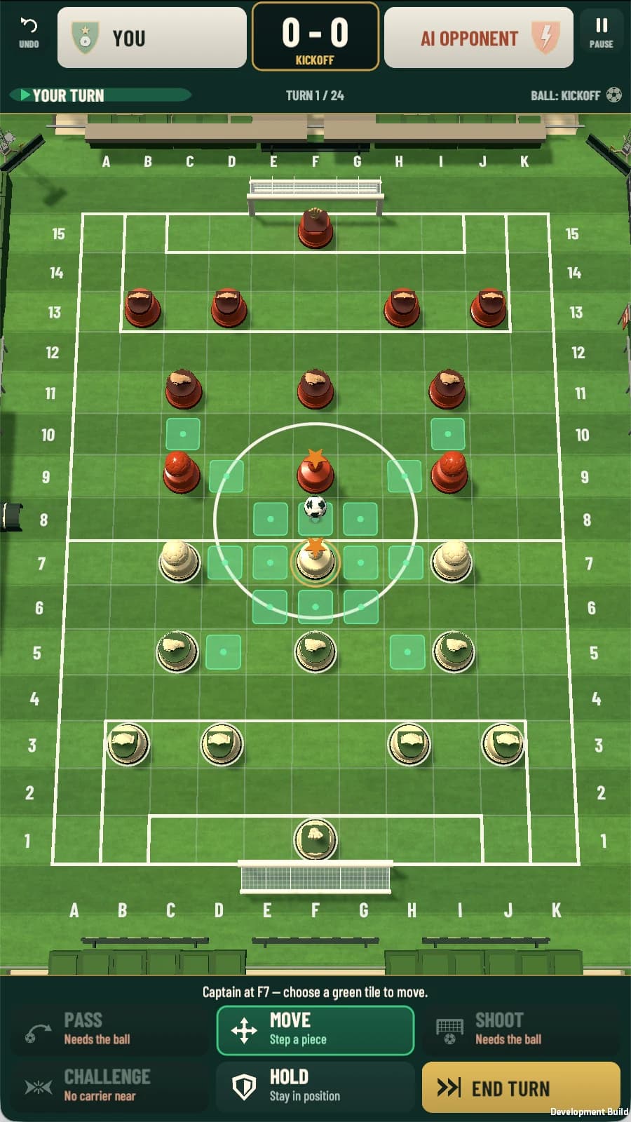 Pitch Tactics portrait match at kickoff, 0 to 0, turn 1 of 24: the captain on F7 selected with green squares marking every legal move, and action cards for Pass, Move, Shoot, Challenge, Hold and End Turn, two of them explaining why they are unavailable.