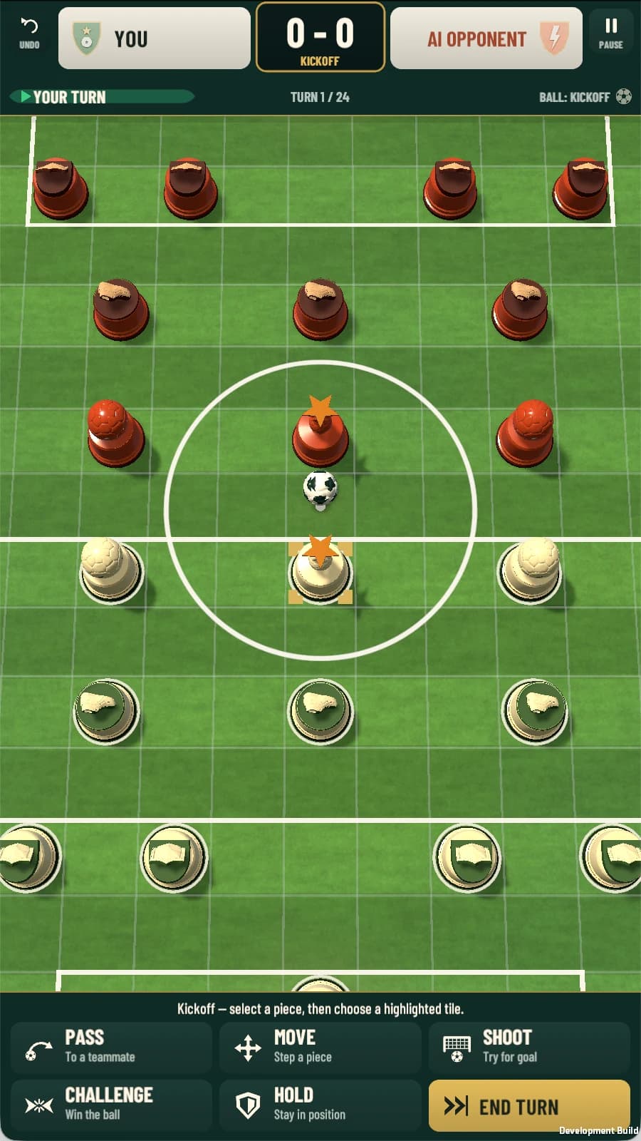 Pitch Tactics zoomed in at kickoff: red and cream pieces in their formations around the centre circle, the captain's piece and the ball at the centre spot.