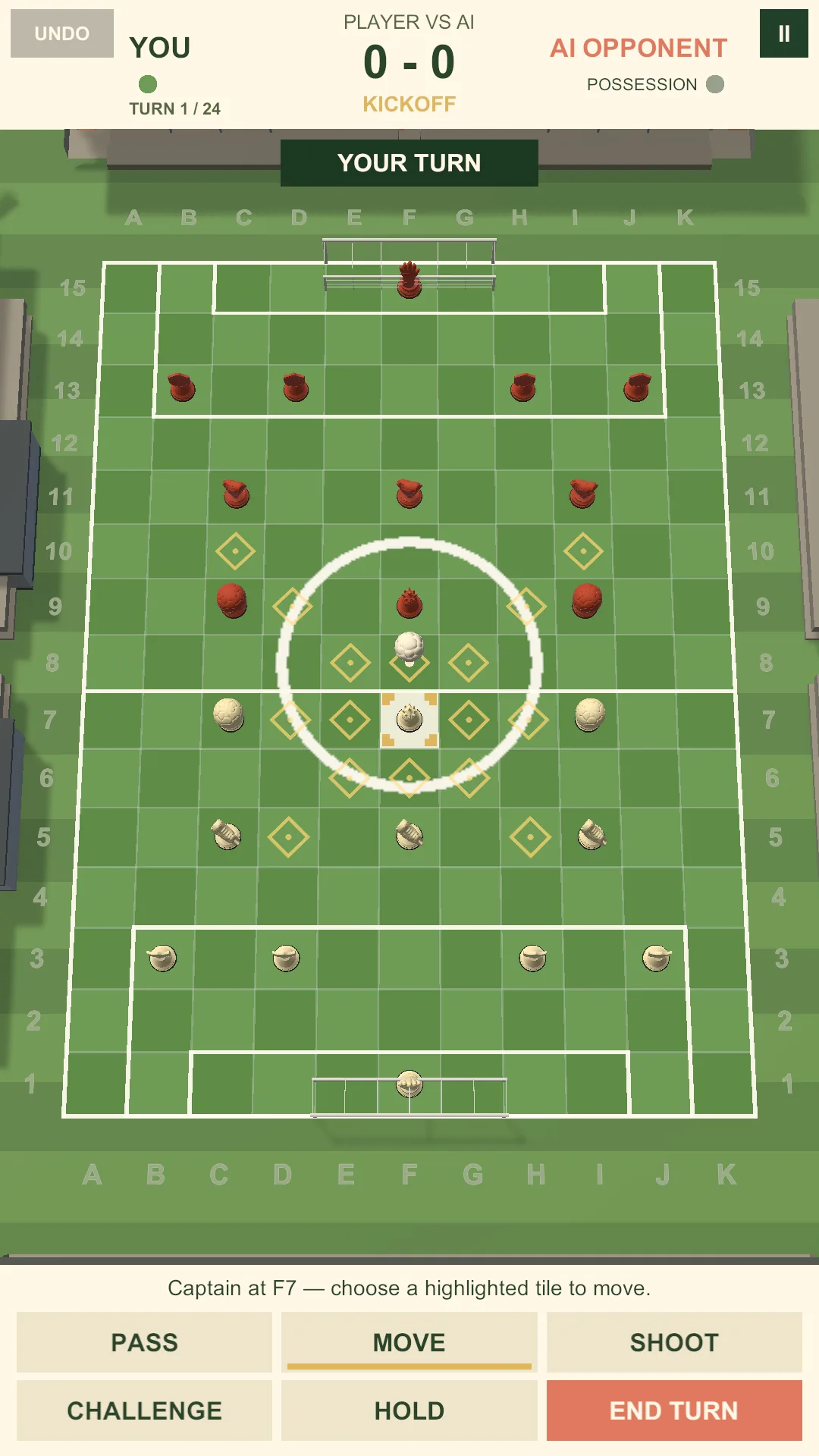 Pitch Tactics match view with the captain selected on the lettered grid and highlighted tiles showing where it can move, plus pass, move, shoot, challenge, hold, and end turn controls.