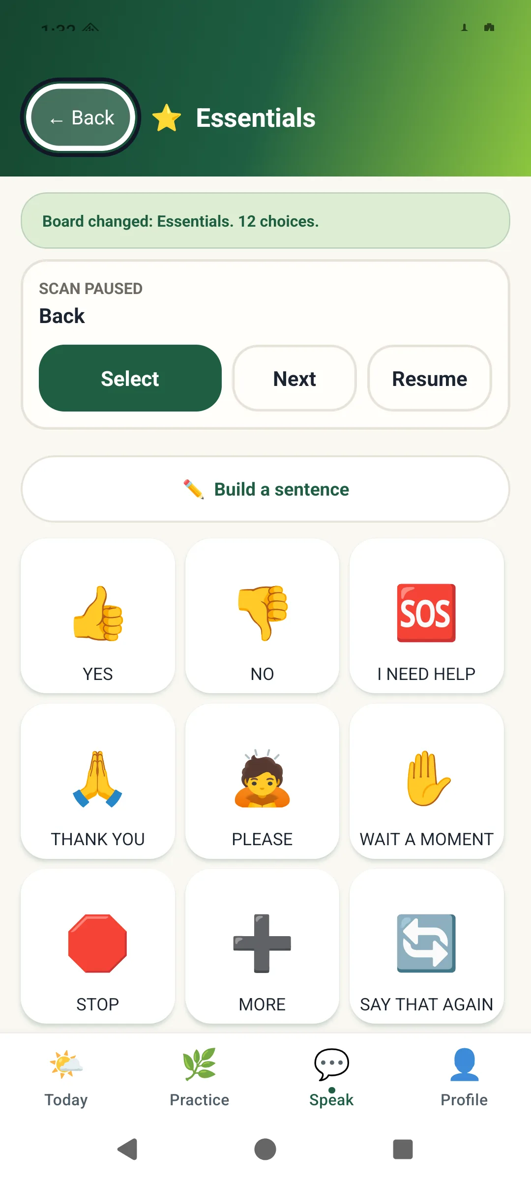 Speech Forward Essentials board with large text and emoji tiles for yes, no, I need help, thank you, please, wait a moment, stop, more, and say that again.