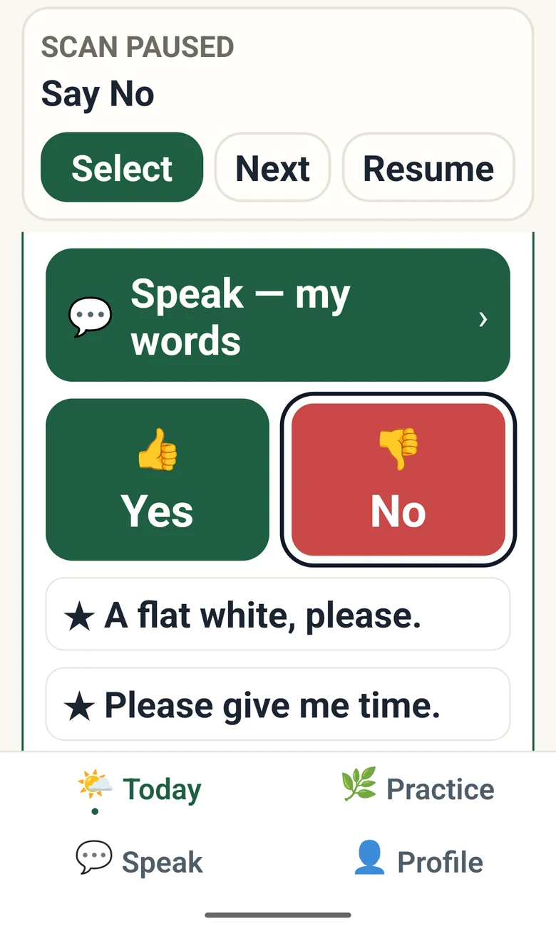 Speech Forward Today with app scanning paused on No: Select, Next and Resume controls above large Speak my words, Yes and No tiles and two saved phrases.
