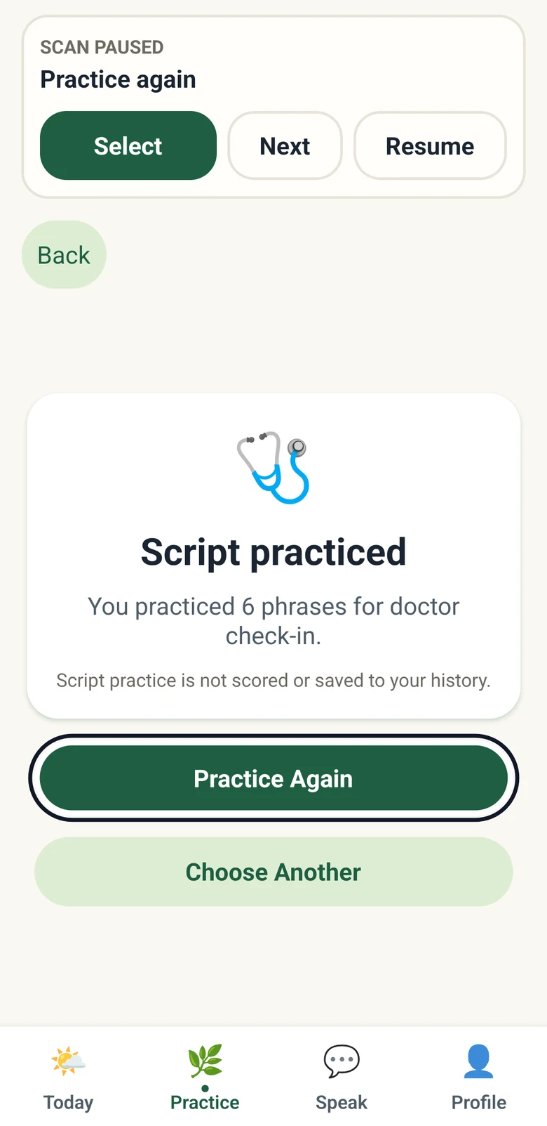 Speech Forward Script practiced: you practiced 6 phrases for doctor check-in, a note that script practice is not scored or saved to your history, and Practice Again and Choose Another buttons.