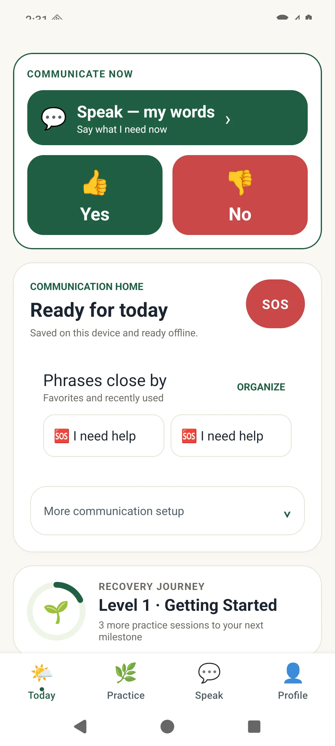 Speech Forward home screen with a Communicate now card, large Yes and No buttons, phrases kept close by, and a practice journey summary.