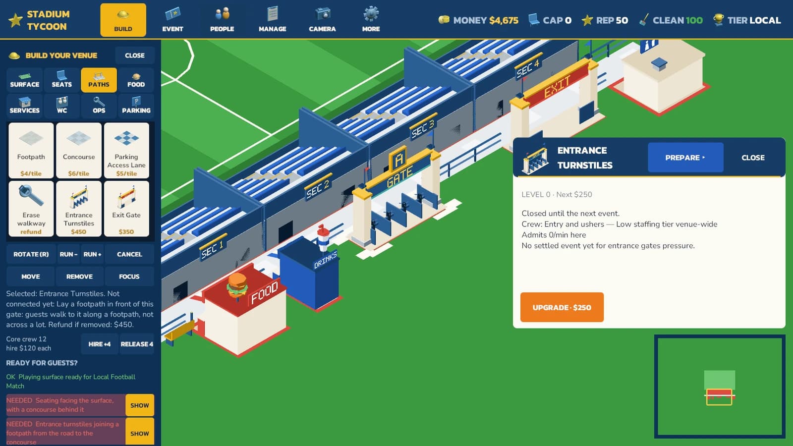 Stadium Tycoon build screen with illustrated facility catalog, selected entrance turnstiles, connection checklist and venue view.