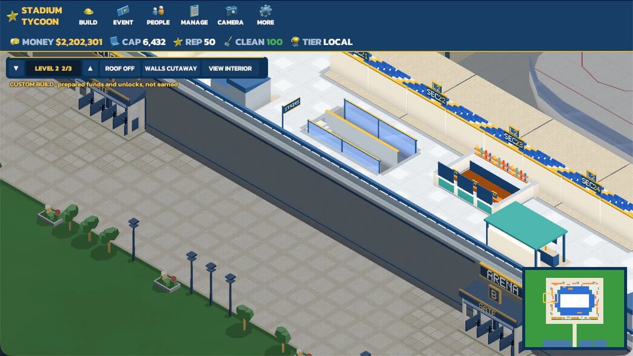 Stadium Tycoon upper-level concourse in cutaway: a concourse bar with counter and bottle shelving between the seating sections and the outer wall, stairs, an arena gate below and a minimap.