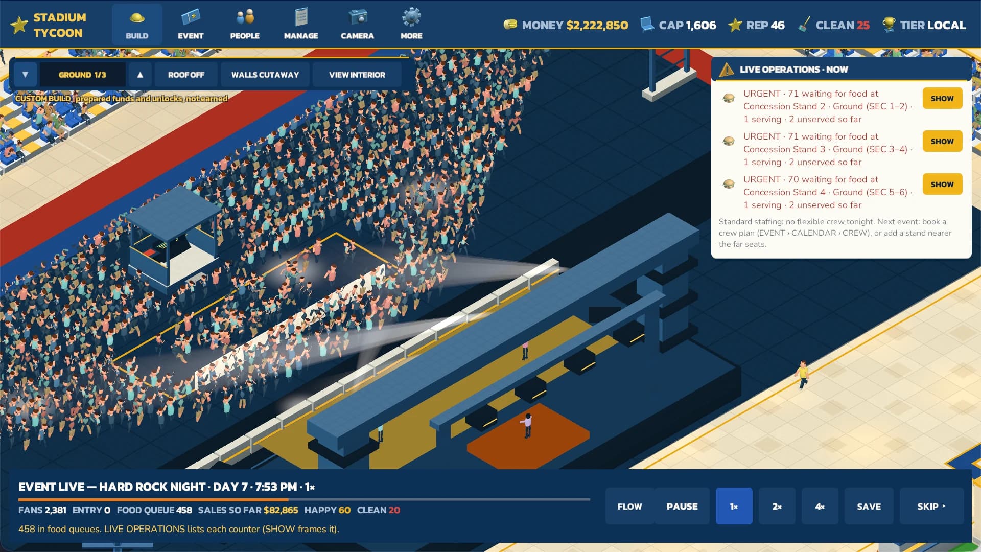 Stadium Tycoon at 7:53 PM on Hard Rock Night: a packed standing floor and a taped mosh pit under white stage beams, with Live Operations listing urgent food queues at three concession stands and the night's fans, sales and happiness along the bottom.