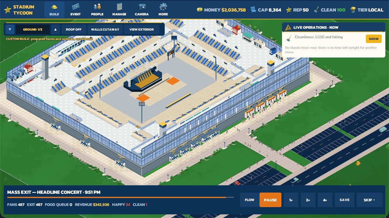 Stadium Tycoon Grand Event Arena in cutaway at 9:51 PM: blue seating around an event floor with a lit concert stage rig, gates and car parks outside, a live bar reading Mass exit, Headline Concert, and an operations card warning that cleanliness is 1 of 100 and falling.