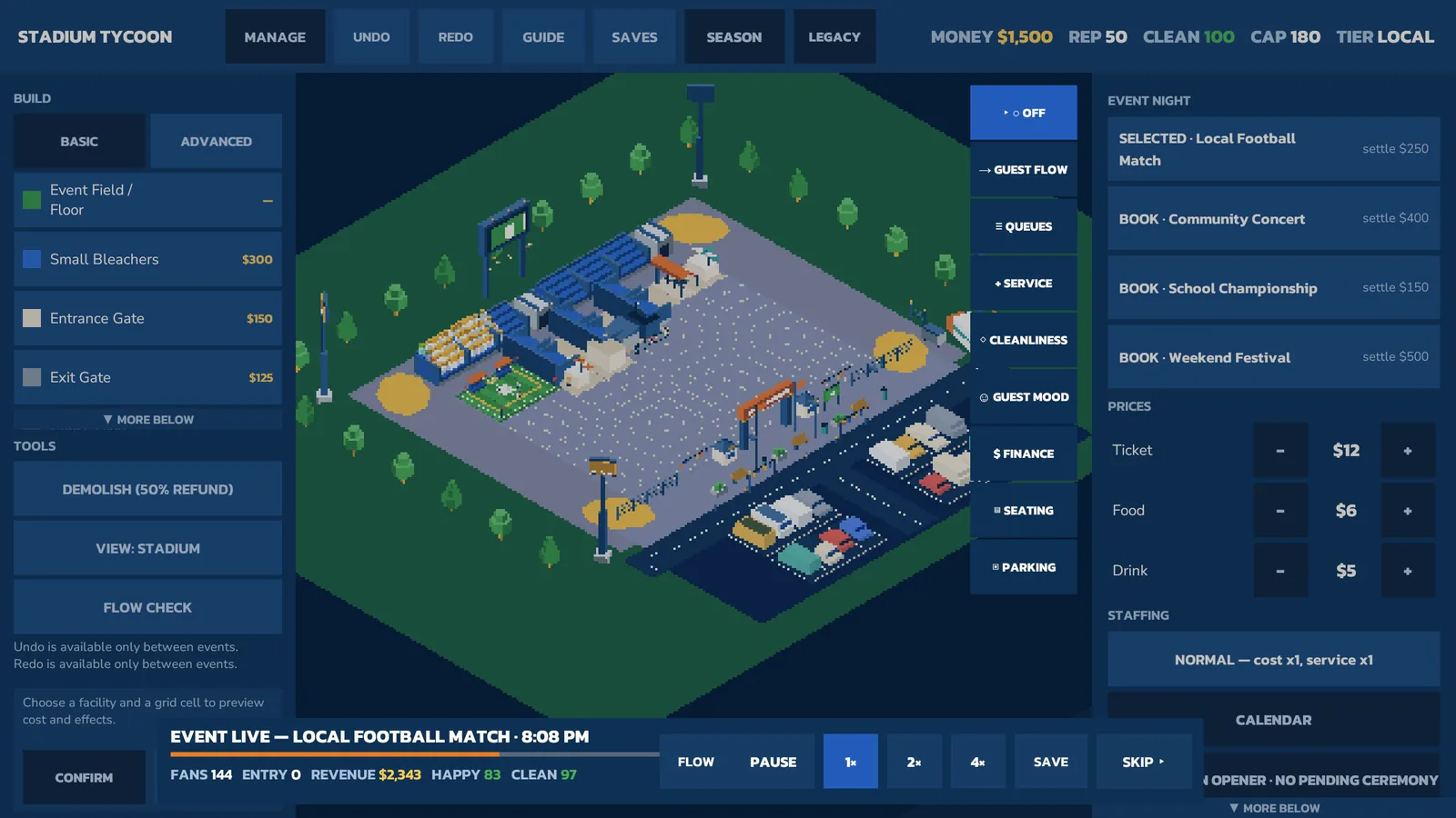 Stadium Tycoon isometric venue during a live local football match with fans in the stands, cars in the lot, and the build and event panels on either side.